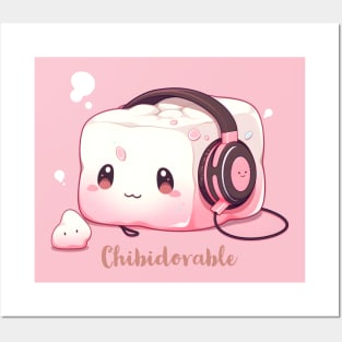 Happy Cute Kawaii Chibi Marshmallow Blob Character with Music Headphones - Adorable and Playful Posters and Art